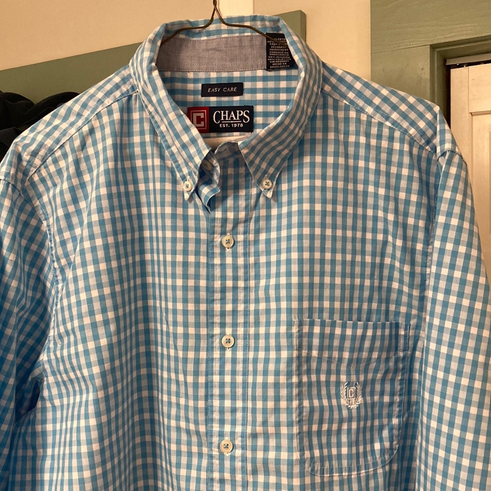 NWOT Chaps L/S Button-front turq check shirt